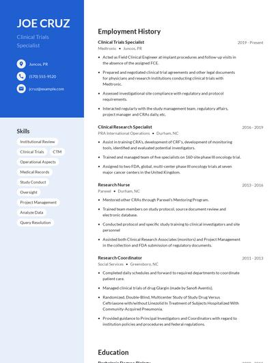 Clinical Trials Specialist Resume
