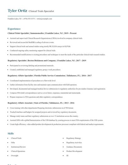 Clinical Trials Specialist Resume