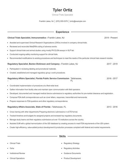 Clinical Trials Specialist Resume