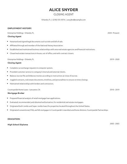 Closing Agent Resume