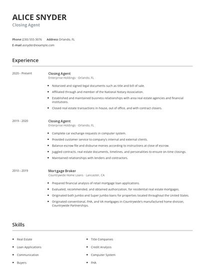 Closing Agent Resume