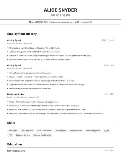 Closing Agent Resume