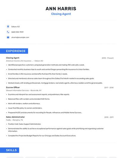 Closing Agent Resume