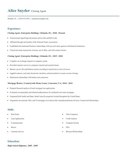Closing Agent Resume