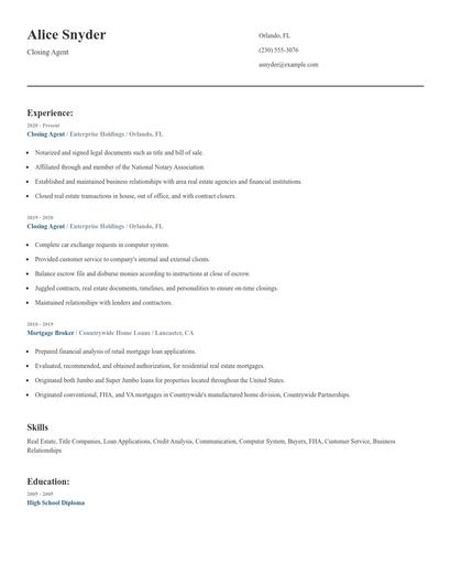 Closing Agent Resume