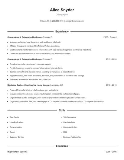 Closing Agent Resume