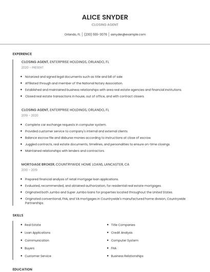 Closing Agent Resume