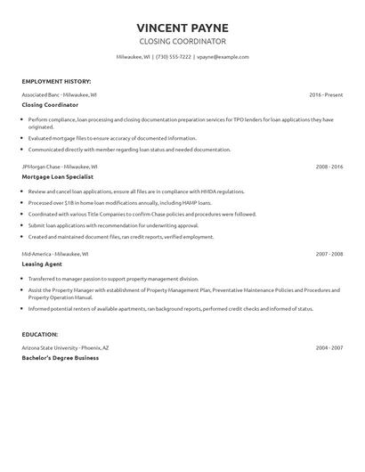 Closing Coordinator Resume