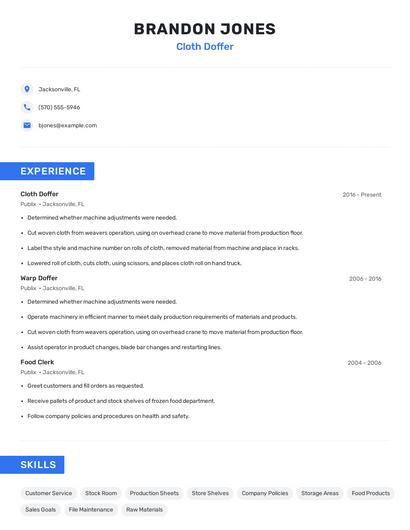 Cloth Doffer Resume