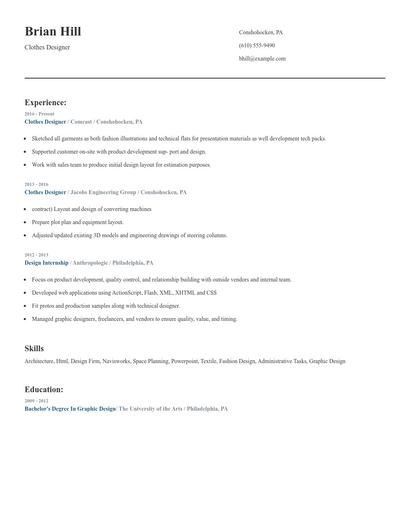 Clothes Designer Resume