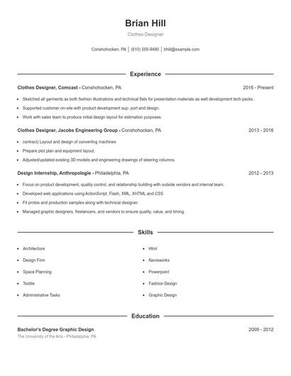 Clothes Designer Resume