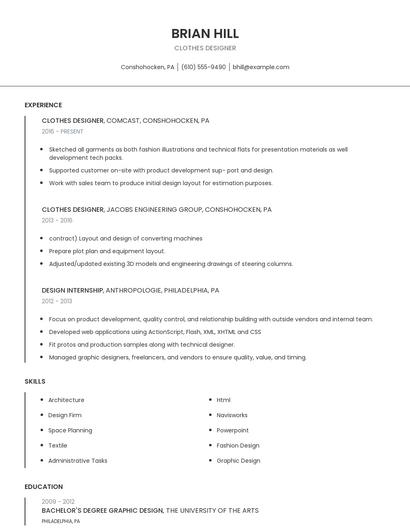 Clothes Designer Resume