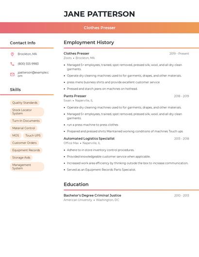 Clothes Presser Resume