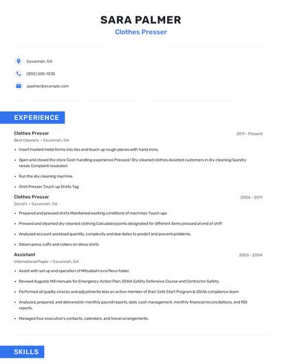 Clothes Presser Resume