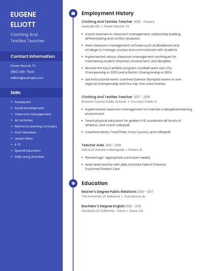 Clothing And Textiles Teacher Resume