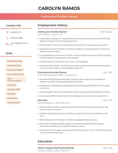 Clothing And Textiles Teacher Resume