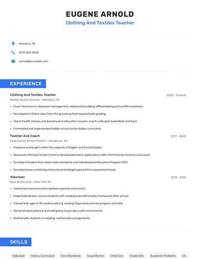 Clothing And Textiles Teacher Resume