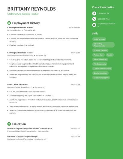 Clothing And Textiles Teacher Resume