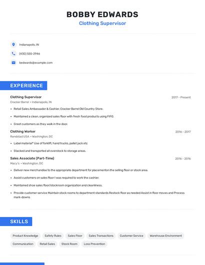 Clothing Supervisor Resume