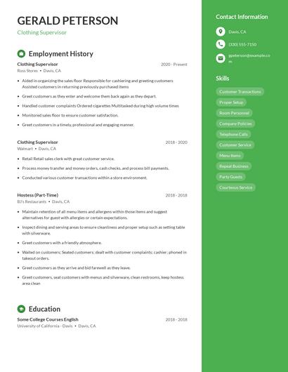 Clothing Supervisor Resume