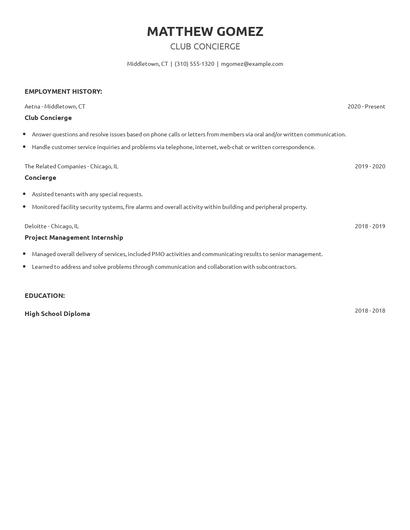 Club Concierge Resume