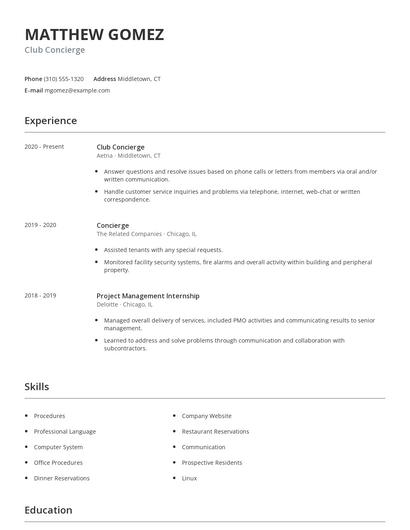 Club Concierge Resume