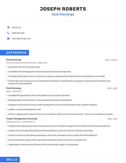 Club Concierge Resume