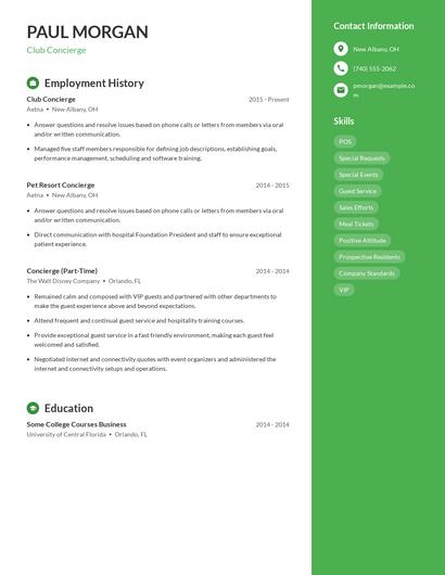 Club Concierge Resume