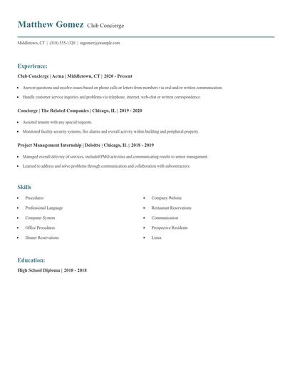 Club Concierge Resume