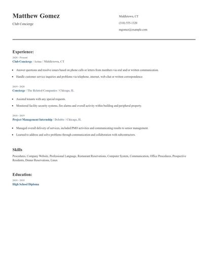 Club Concierge Resume