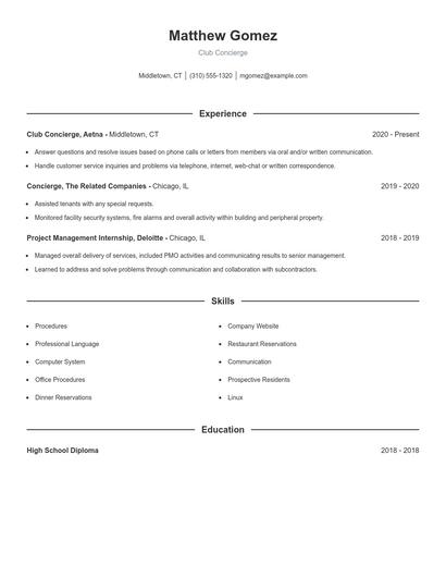 Club Concierge Resume