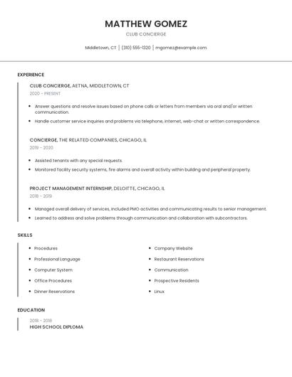 Club Concierge Resume