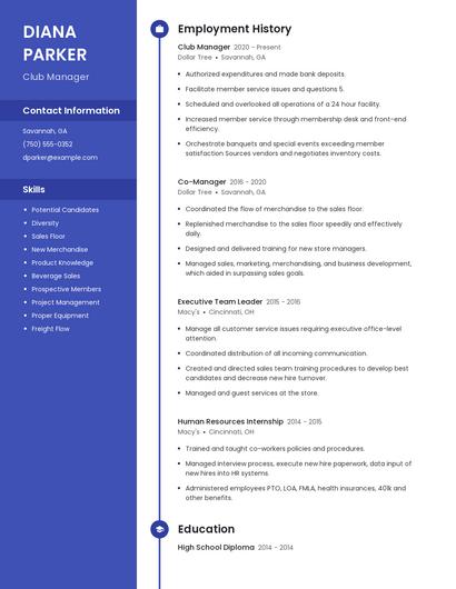 Club Manager Resume