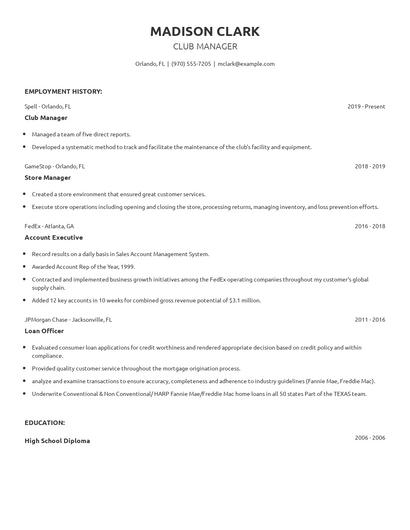 Club Manager Resume