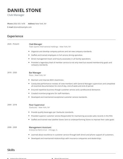 Club Manager Resume