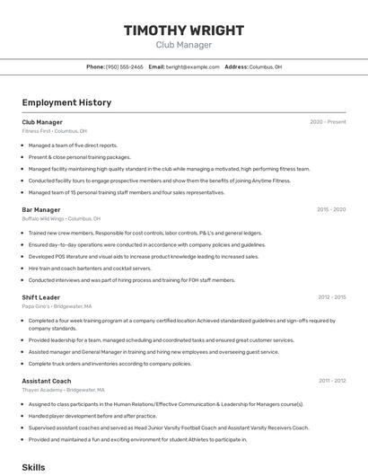 Club Manager Resume