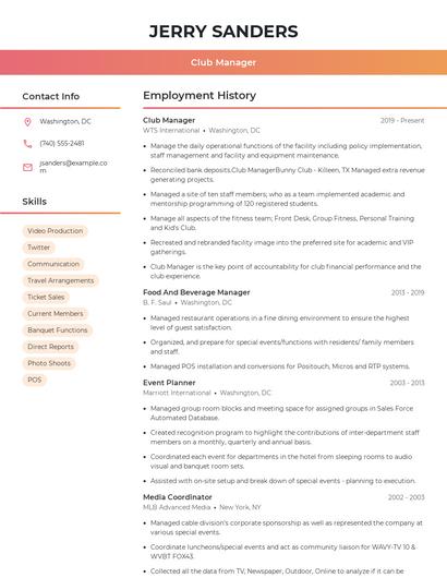 Club Manager Resume