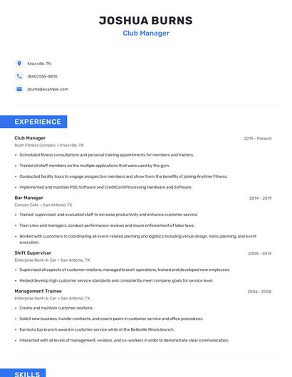 Club Manager Resume