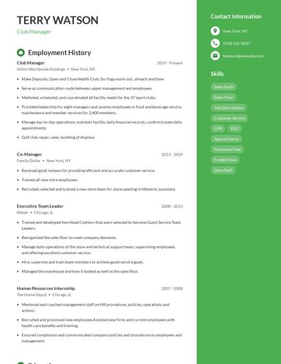Club Manager Resume