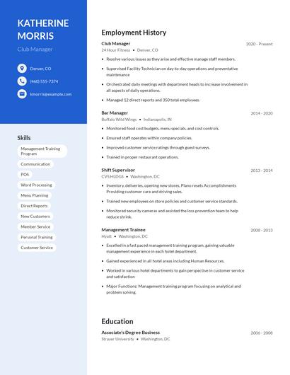 Club Manager Resume