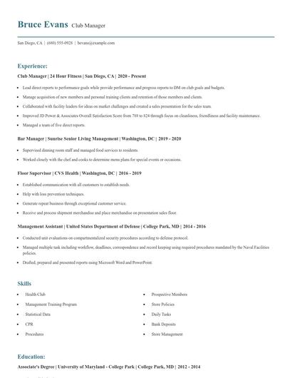 Club Manager Resume