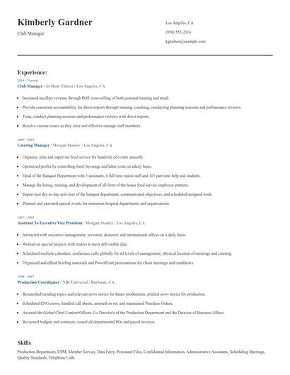 Club Manager Resume
