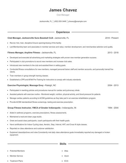 Club Manager Resume
