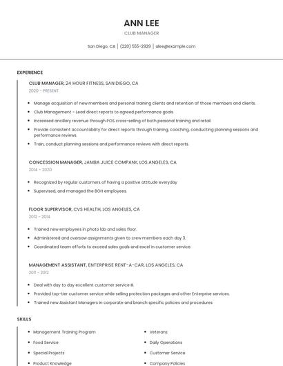 Club Manager Resume