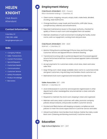 Club Room Attendant Resume