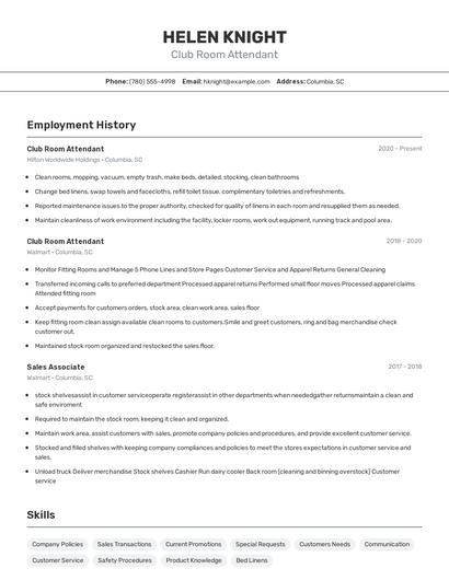 Club Room Attendant Resume