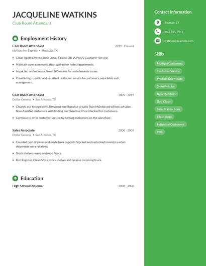 Club Room Attendant Resume
