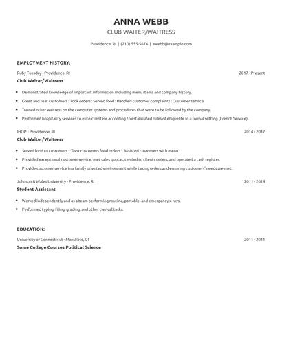 Club Waiter/Waitress Resume