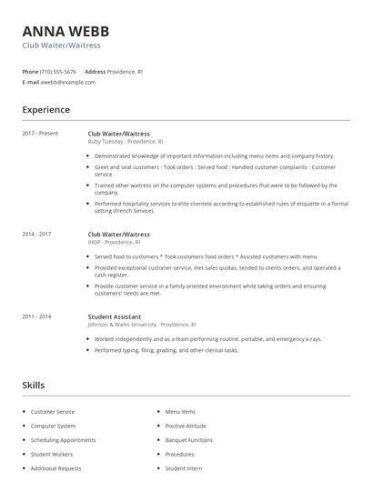 Club Waiter/Waitress Resume