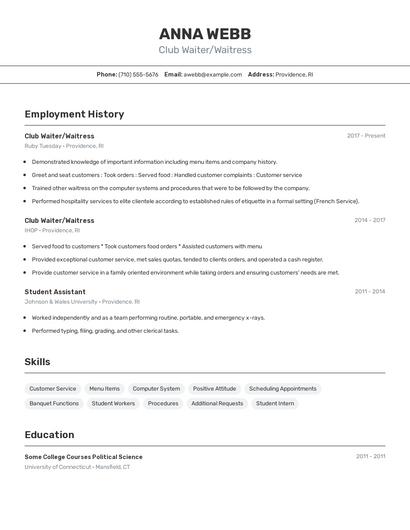 Club Waiter/Waitress Resume